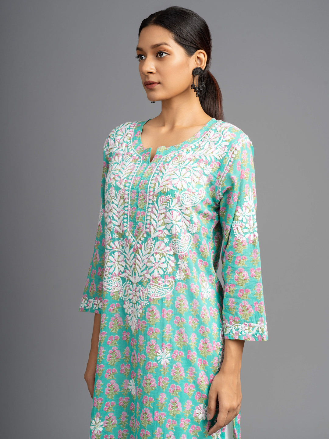 Jugni Mul cotton Chikankari Straight Kurti Turquoise Green