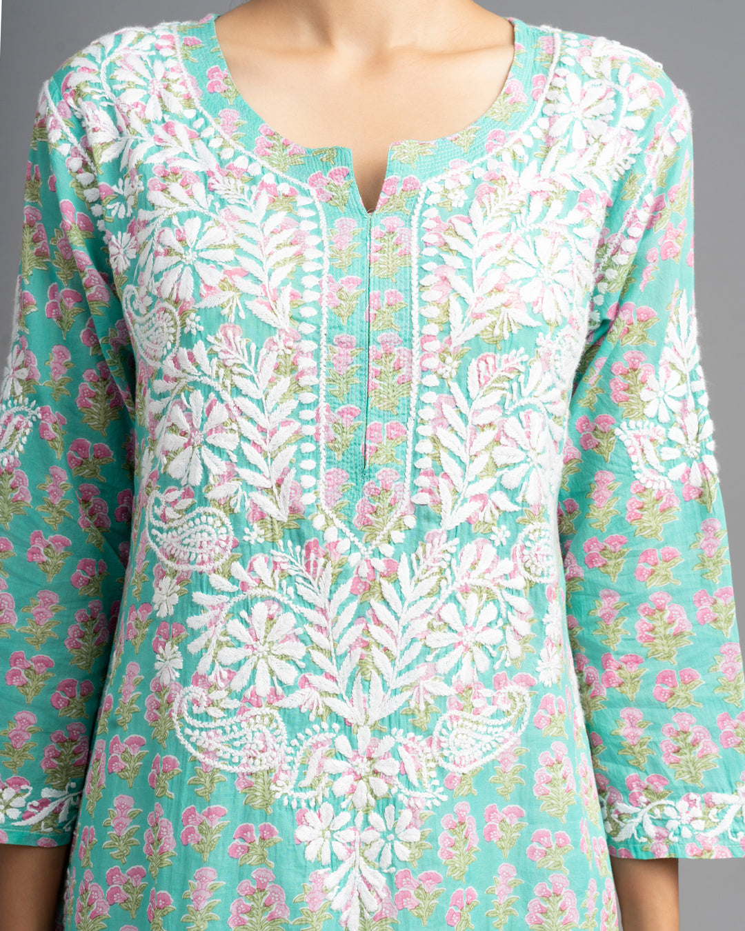 Jugni Mul cotton Chikankari Straight Kurti Turquoise Green