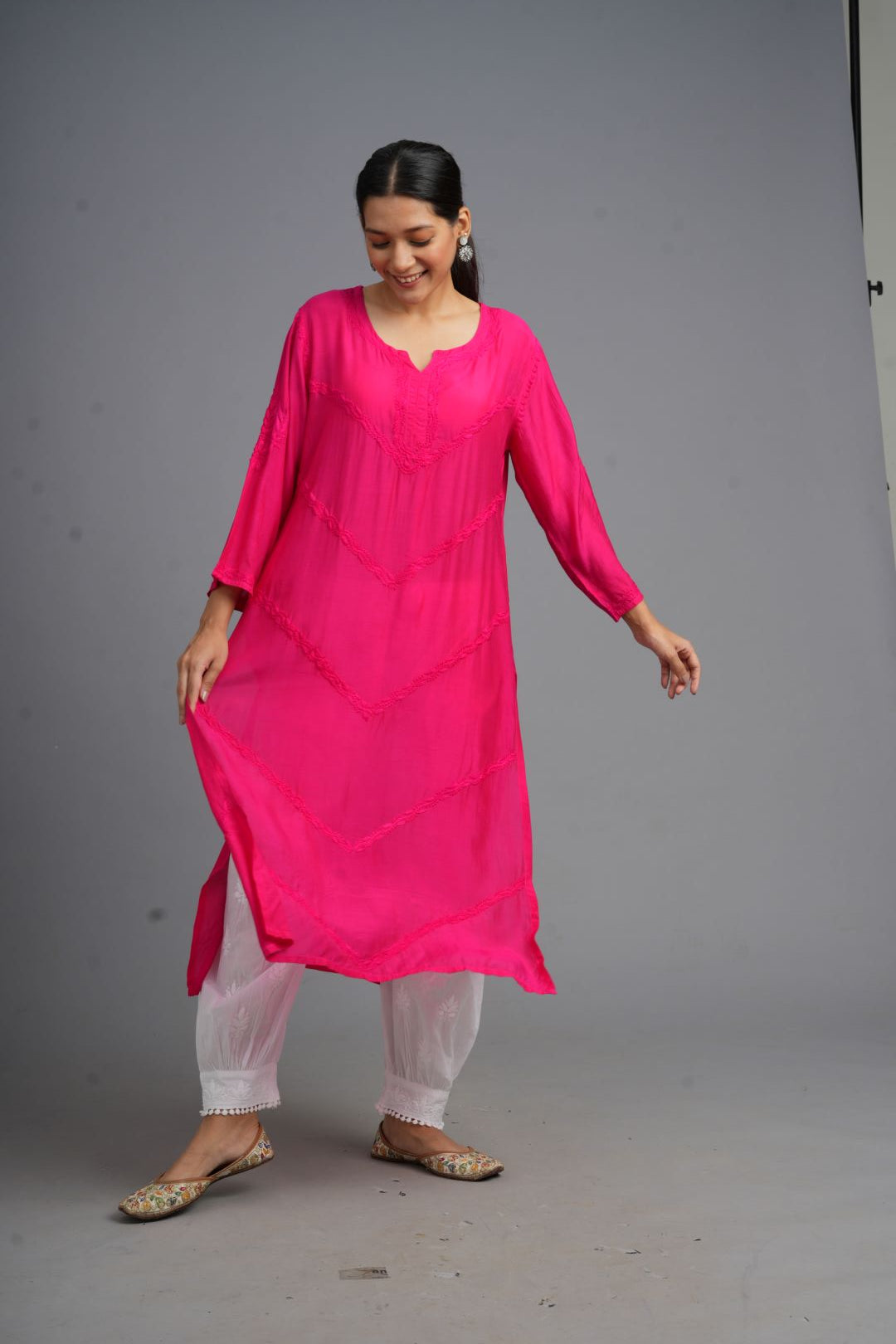 Your Highness: Luxurious Chikankari Premium Muslin straight kurti-Fuscia pink