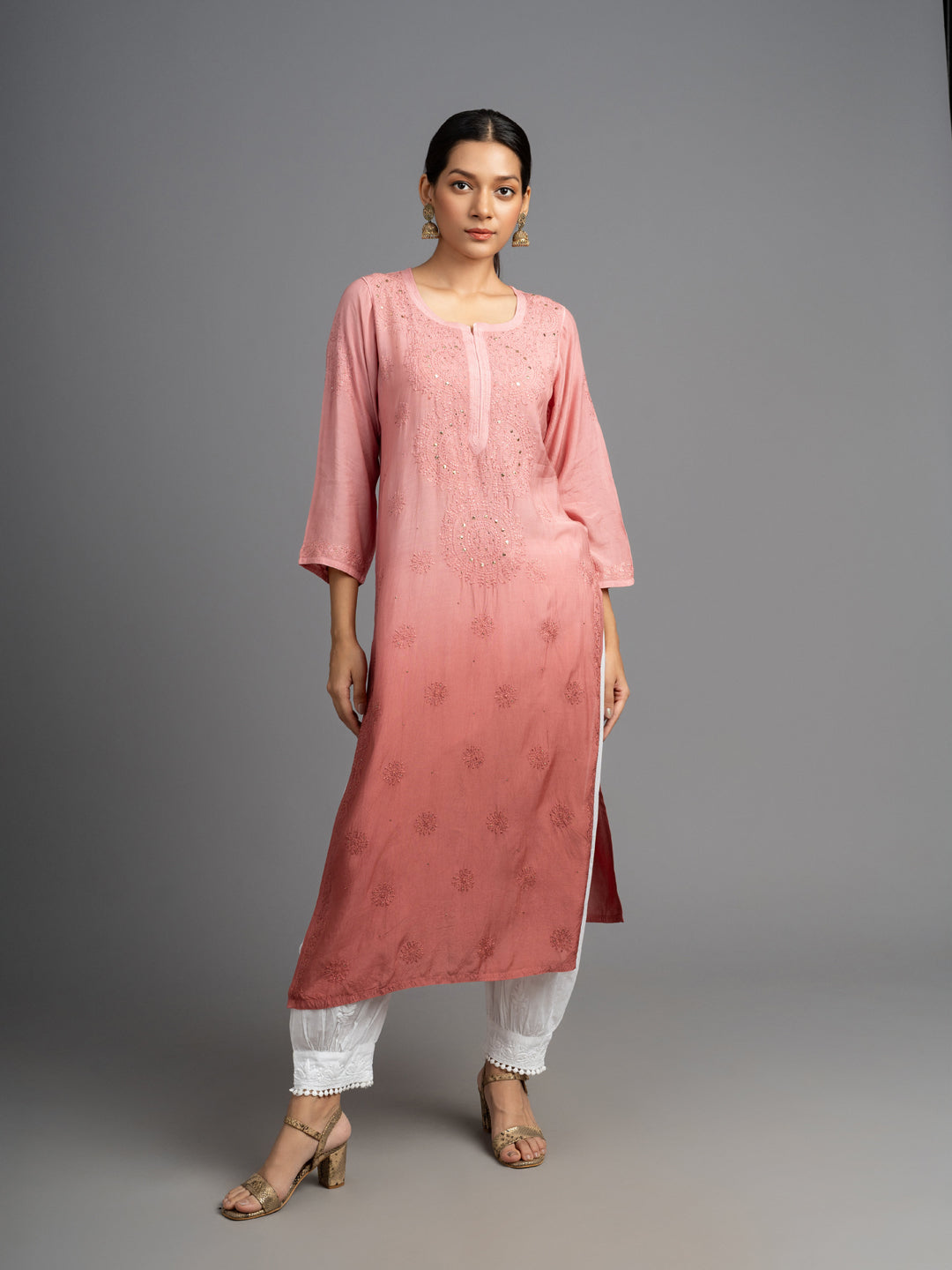 Shahana: Muslin Chikankari kurti, adorned with traditional Bakhiya embroidery and shimmering Mukhesh Peach