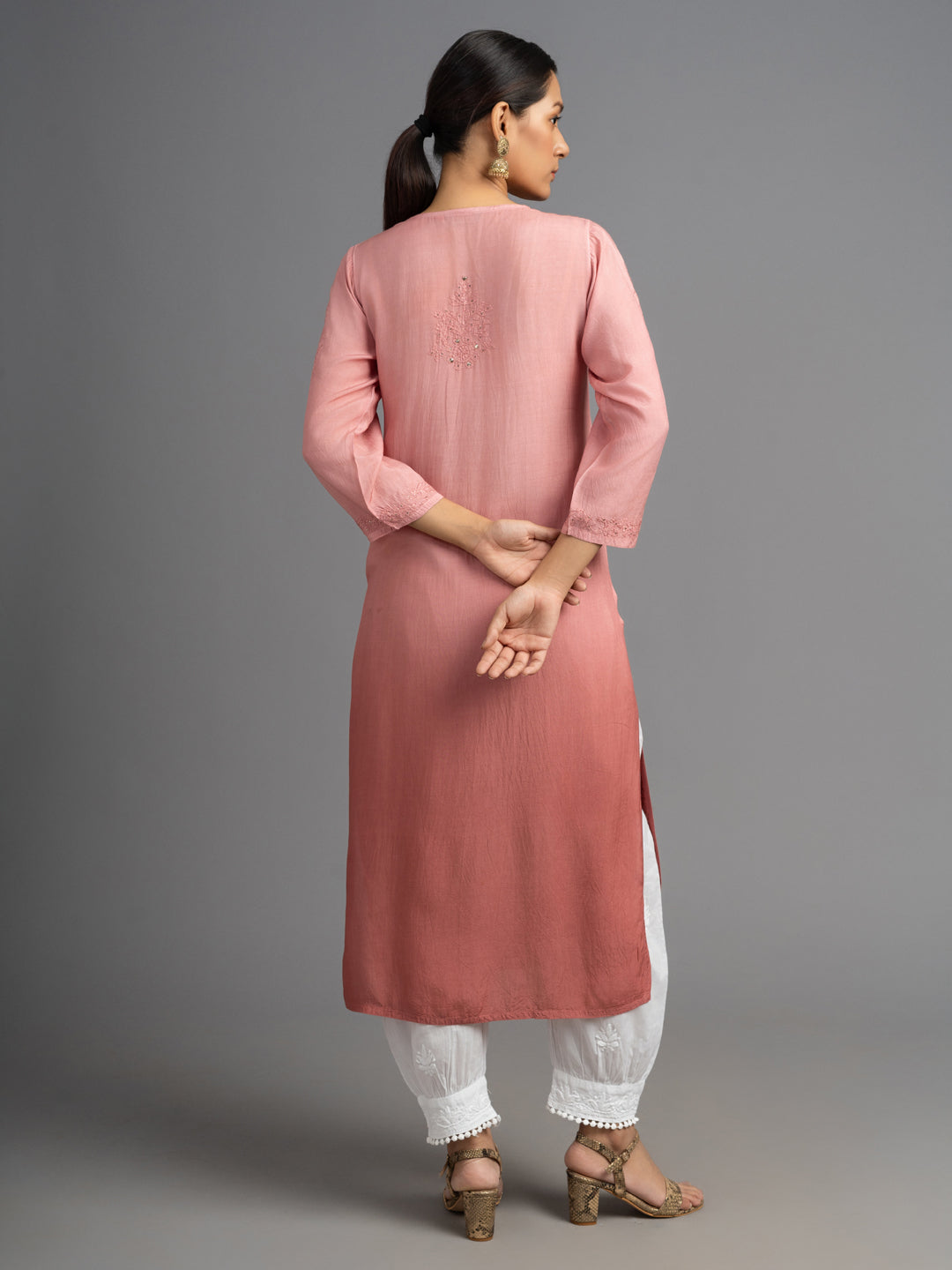 Shahana: Muslin Chikankari kurti, adorned with traditional Bakhiya embroidery and shimmering Mukhesh Peach