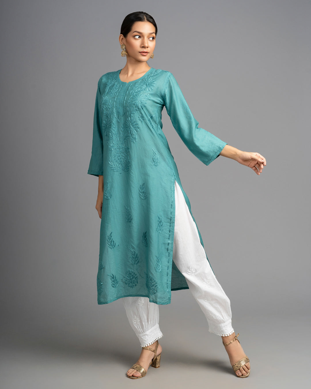 Sama! Chanderi Silk Chikankari Kurta Turquoise green