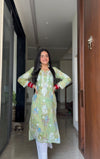 Jugni green mul cotton printed Chikankari Kurti