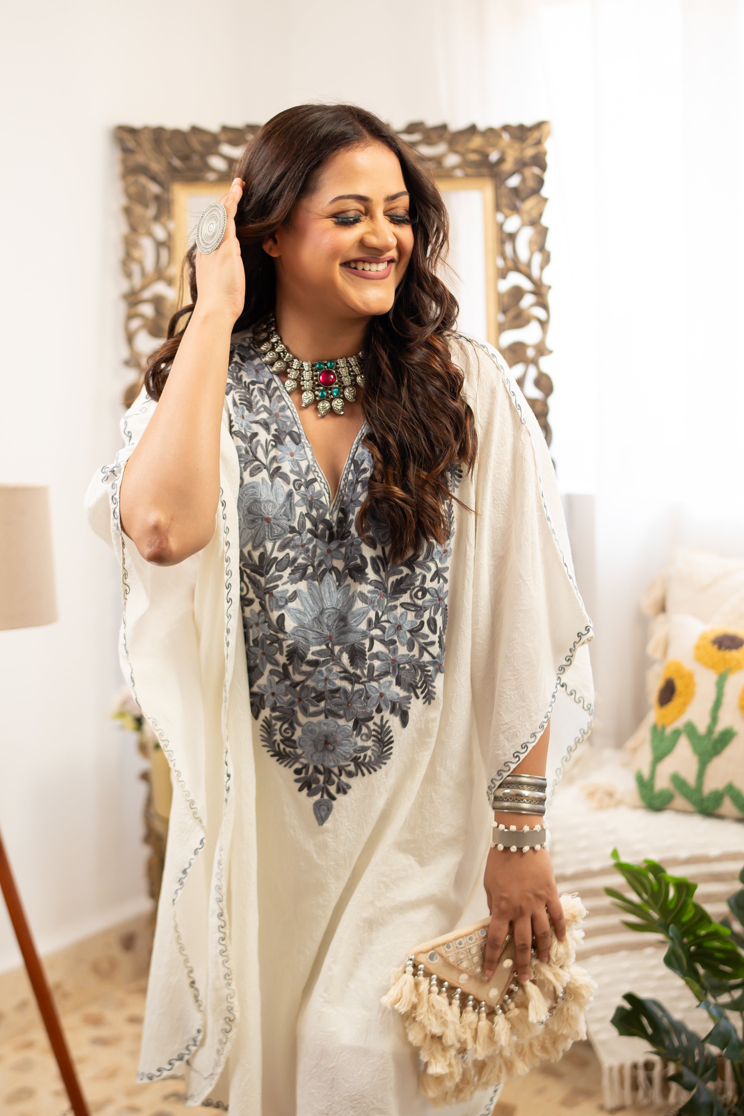 KHIZAN-White Embroidered Cotton Long Summer Kaftan