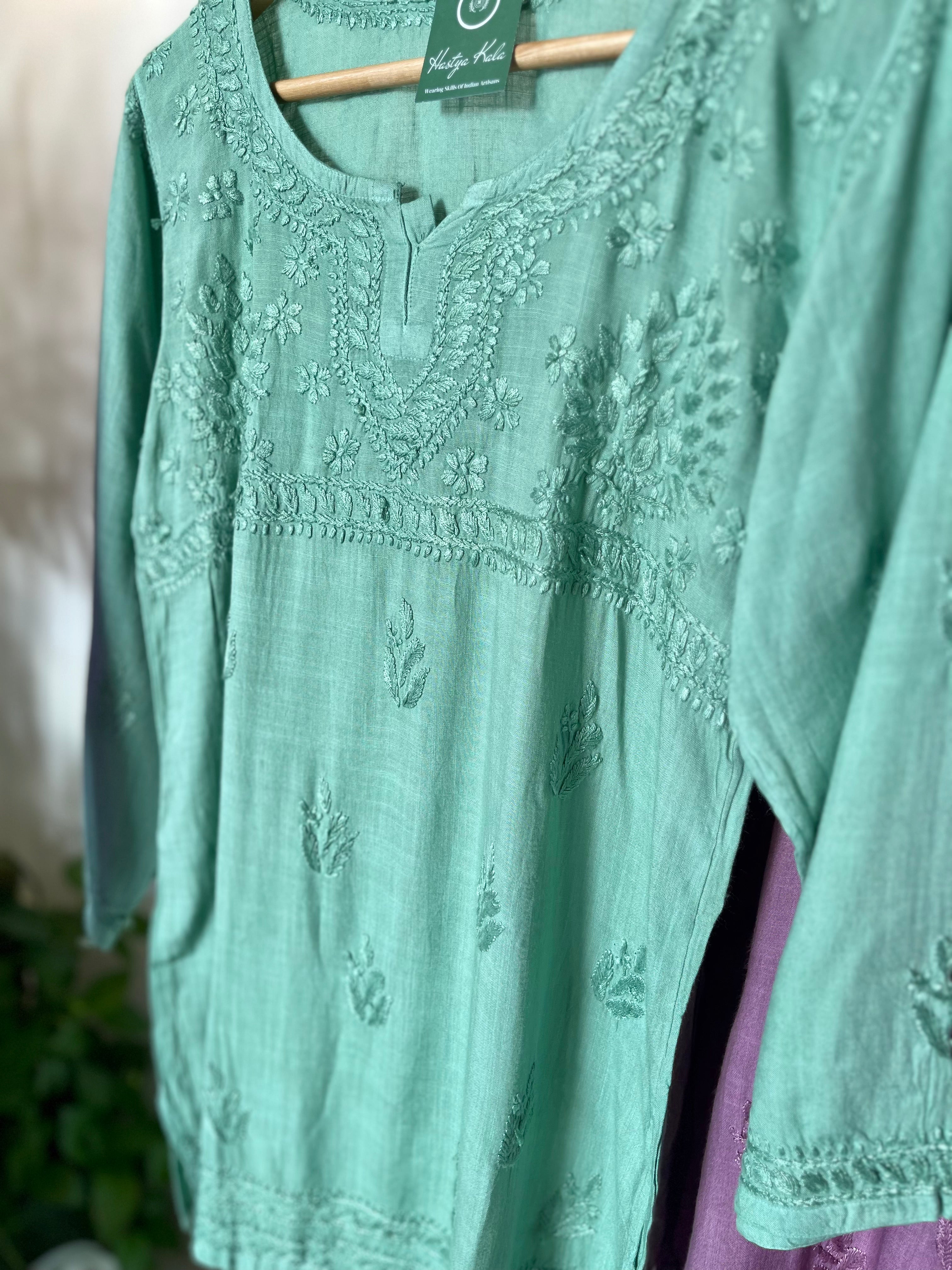 Linen short chikankari top/kurta with silk thread embroidery- Olive Green