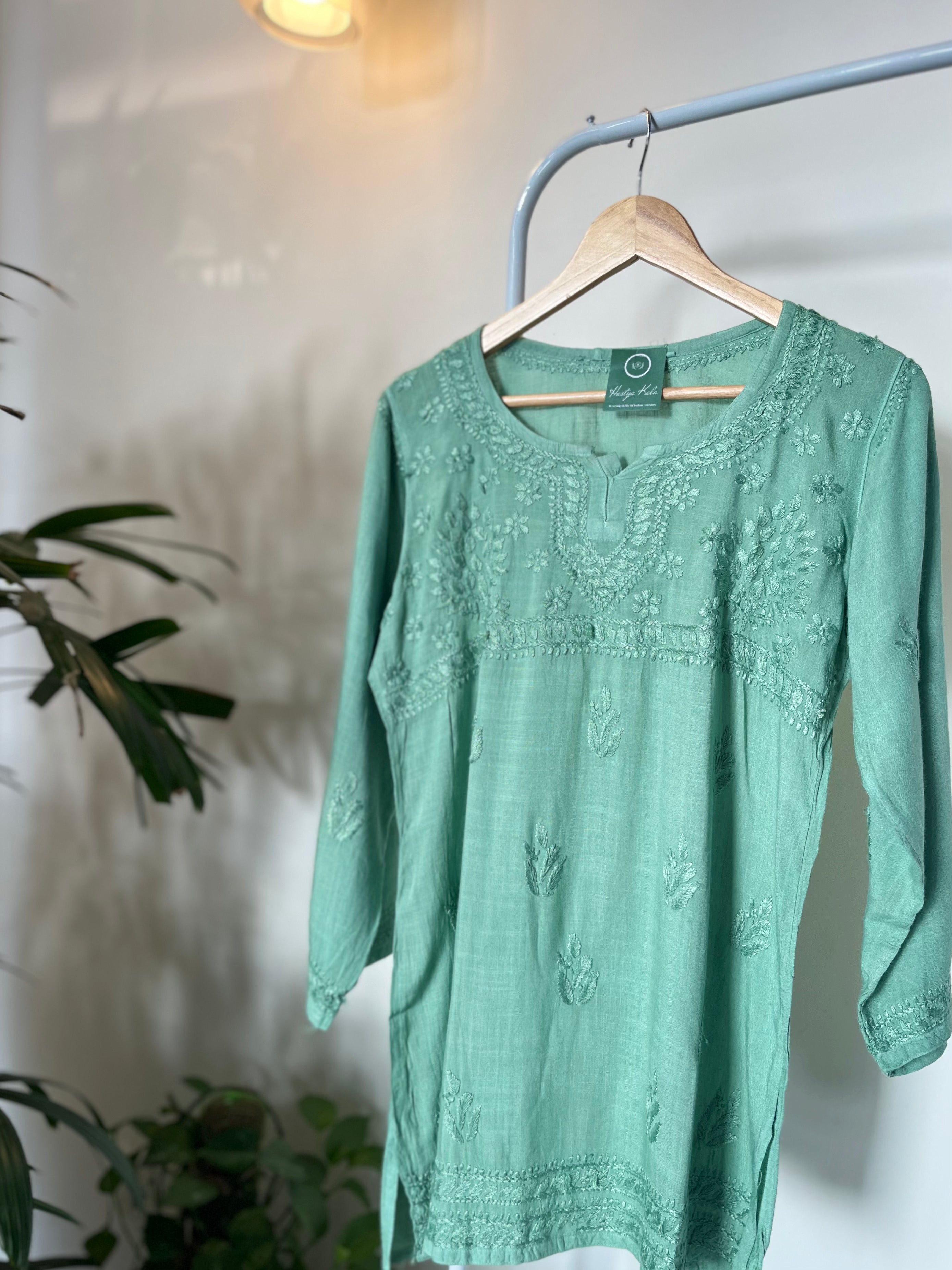 Linen short chikankari top/kurta with silk thread embroidery- Olive Green