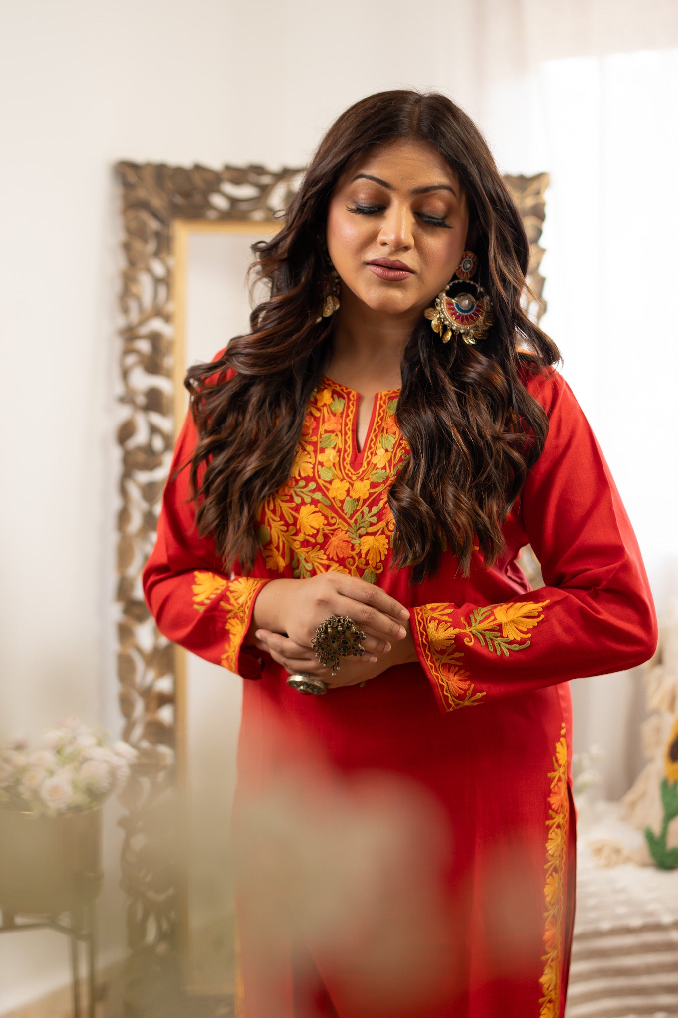 KHIZAN- Kashmiri AARI Red Kurta with Pant