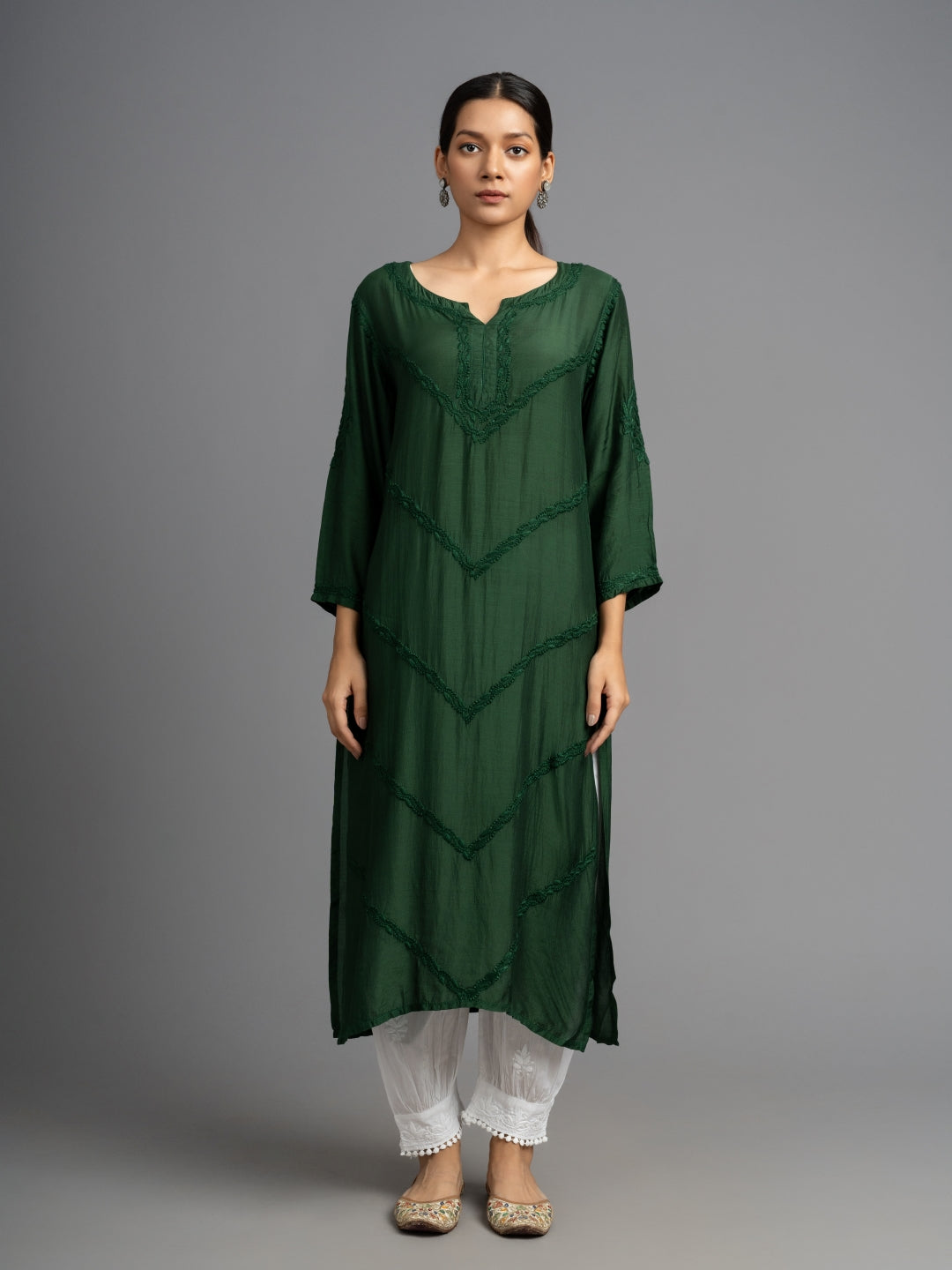 Your Highness: Luxurious Chikankari Premium Muslin straight kurti-Dark Green