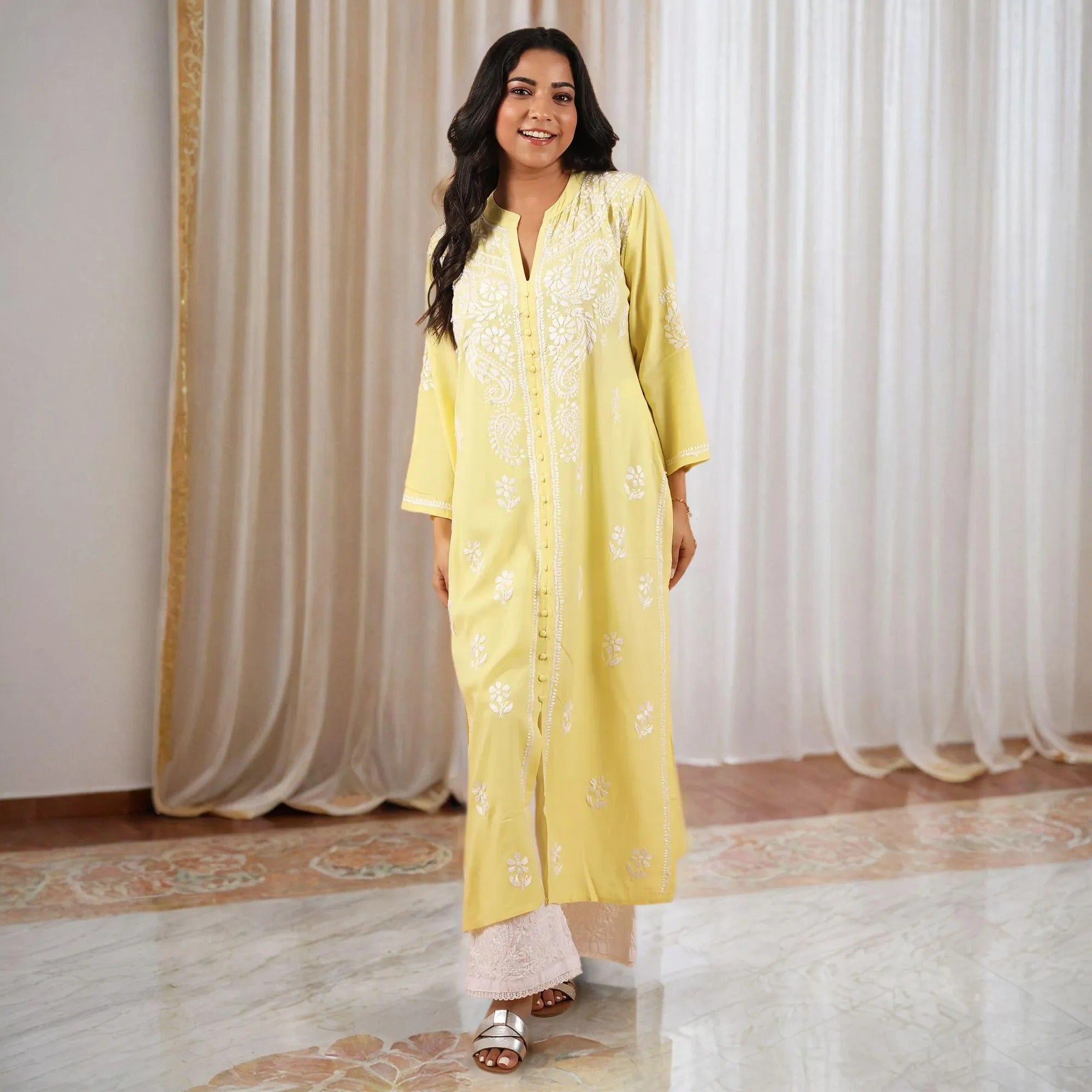 Olivia- Fine work Modal Chikankari Kurti-yellow